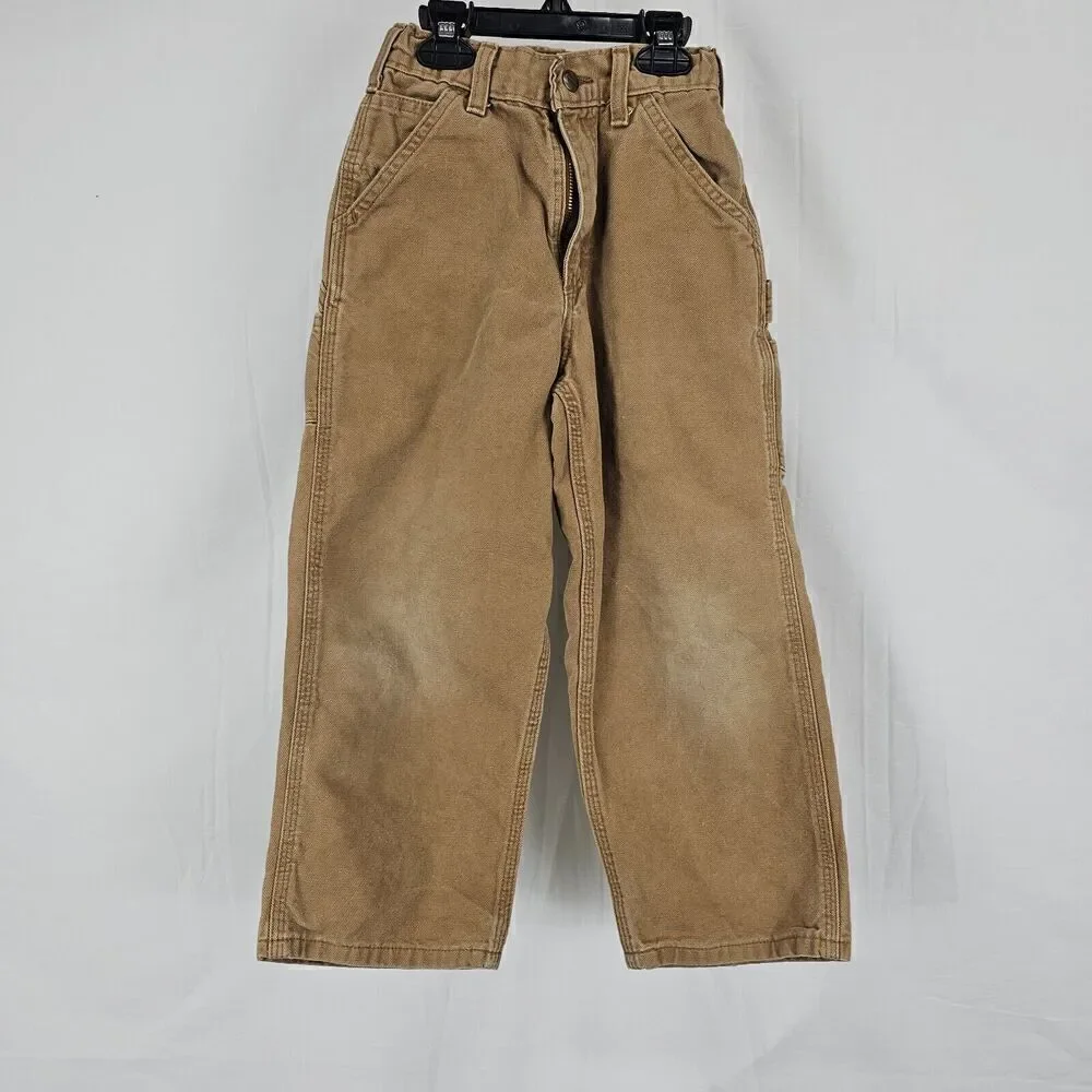 Carhartt Boys Dungaree Fit Size 7 Brown Carpenter Duck Canvas Pants